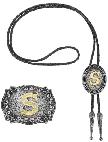 QUARKZMAN 2 Pz Set Cravatta Bolo Western Cowboy E Fibbia Cintura Lettera Iniziale S Dorata Cinturino Pelle Per Uomo Donna Costume Accessori Vintage Tradizionali Grigio Nero/Oro