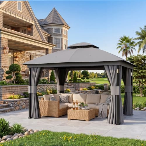 Modern Shade Gartenpavillon Doppeldach 3,3 x 4m mit LED-Beleuchtung & Bluetooth-Lautsprecher, Robuste Außenmarkise mit Metallrahmen, Pavillon mit Stoffdach, Netz und Vorhängen für Garten, Grau