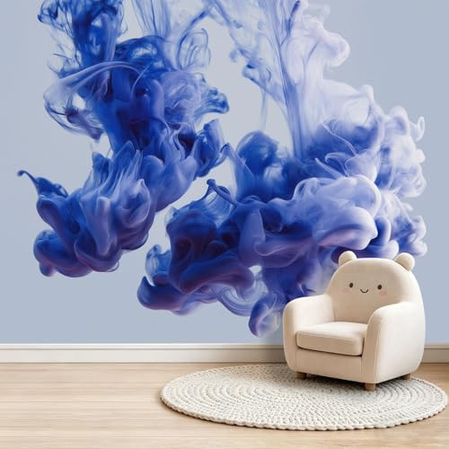 Light Gray Minimalism Wall Mural Wallpaper for Living Room, Abstract Blue Smoke Pattern Non-Woven Photo Wallpaper, 3D Effect Mural Wall Art Decoration for Bedroom Dining Room Kids Room, 200x140 cm