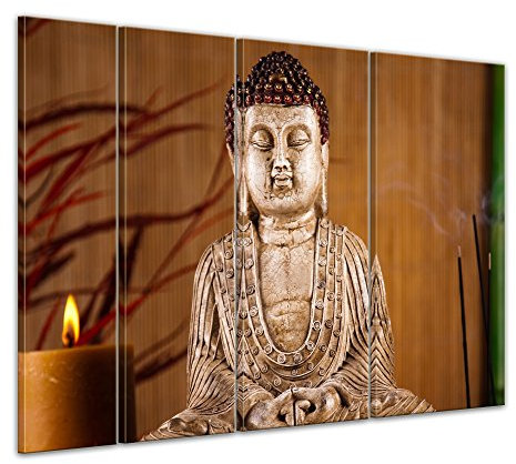 Bilderdepot24 Keilrahmenbild Buddha V - 180x120 cm quer mehrteilig Keilrahmenbilder Bilder als Leinwanddruck Fotoleinwand Geist & Seele - Buddha mit Kerze und Räucherstäbchen