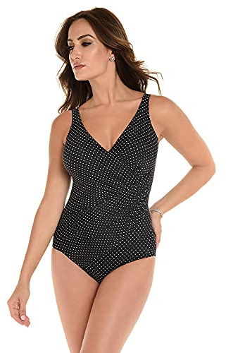 Miraclesuit Women's Swimwear DD-Cup Pin Point Oceanus Tummy Control Underwire Bra One Piece Swimsuit, Black/White, 12DD