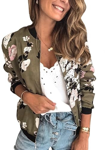 ECOWISH Women's Casual Floral Zip Up Bomber Jacket Coat Lightweight Short Camo No Lining Outwear Tops Thin Outfit with Pocket 333Army Green X-Large