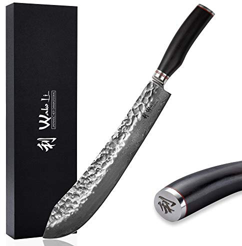 Wakoli EBO Damast Blockmesser BBQ 35 cm – BBQ Knife aus 67 Lagen Damaststahl mit VG10 Kern I großes Fleischmesser mit Hammerschlag, Härtegrad 60±2 HRC, Griff aus schwarzer Eiche, Geschenkbox