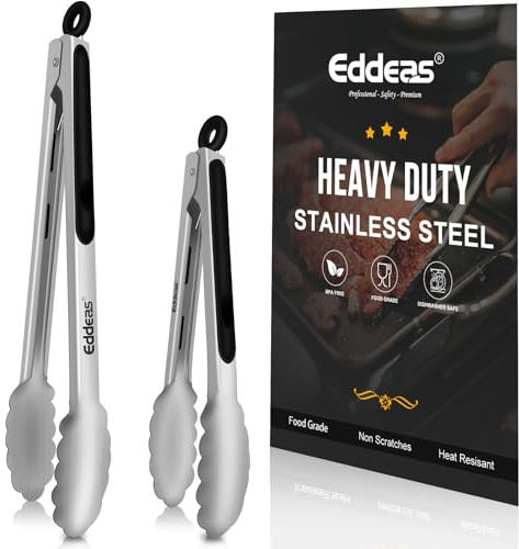 Eddeas Kitchen Tongs - 9 and 12 Tongs for Cooking, Heat Resistant 600 Degrees Stainless Steel Metal Tong and Non-Slip Handle - Perfect for Cooking, Salad and BBQ, Set of 2