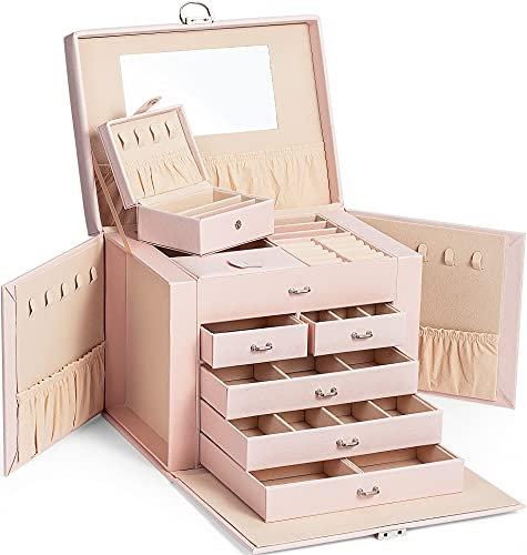 ADEL DREAM Schmuckkasten Schmuckkoffer groß abschließbar 5 Ebenen mit 5 Schubladen mit Spiegel für Ringe Ohrringe Halsketten und Armbänder elegant und klassisch Rosa3