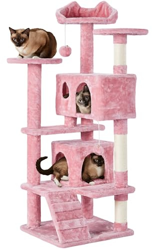 Yaheetech Árbol Rascador para Gatos 139cm Torre con Postes Sisal Rosa