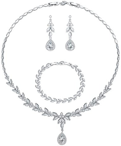 Kamise Hochzeit Schmuck Set Silber Damen, Silber Braut Schmuckset, Damen Halskette & Ohrringe & Armband Set, Blumen Schmuck Set mit 5A Weiß Zirkonia, Allergenfrei Hochzeitsschmuck für Brautjungfern