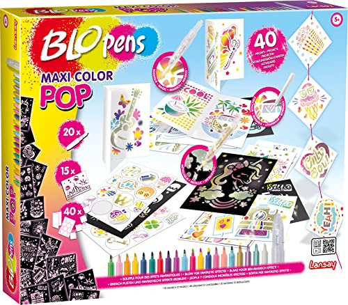 BLOPENS - Maxi-Color Pop - 40 Activités - 20 Mini Blopens À Souffler - 15 Pochoirs Réutilisables, Feuilles & Stickers - Set Créatif Pour Enfants - Cadeau Développant Créativité - Lansay