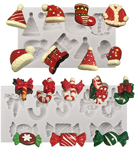 2Pcs Weihnachten Schokolade Formen Silikon Keksform Xmas Candy Backformen für DIY Schokoladenkuchen mit Thema Formen von Santa Hut, Schneemann, Zuckerstange