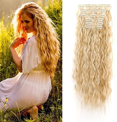 Cybelleza 50cm Clip in Extensions Haarverlängerung Haarteil 6PCS Gewellt | Hair Extensions Clip in Haarverlängerungen Haarteil Lang Wellig Synthetisches Haarextension Kunsthaar, Naturblond & Blond
