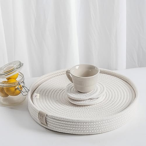 Art Pinecone Gewebte Tischsets aus Baumwollseil, 33 cm, rund, Hot Pads, Hot Mats Set mit 4 Stück, und 1 Aufbewahrungskorb für den Urlaubstisch. Geflochtenes Seil-Tischset, hitzebeständig (33 cm Plus