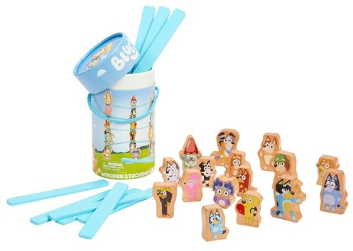 BLUEY – Wooden Stacking Game – 25 Build and Balance Pieces with Characters and Sticks in a Storage Tube – FSC Certified, Develops Hand-Eye Coordination & Motor Skills for Kids 3 Years and Up