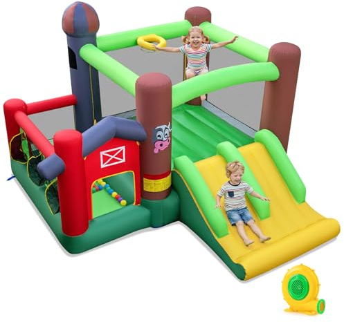COSTWAY Kids Bounce Castle, Inflatable Trampoline Bouncy House with Dual Slides, Ball Pit, Basketball Hoop and Pitching Game, Blow up Jumper for Indoor Backyard Playground (with 680W Blower)