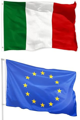 Bandiera Italia Tricolore e Europa - Grande Bandiera Antivento UE Decorativa per Eventi Sportivi, Sfilate - Con 2 Occhielli in Ottone, 90x150cm, 2 Pezzi