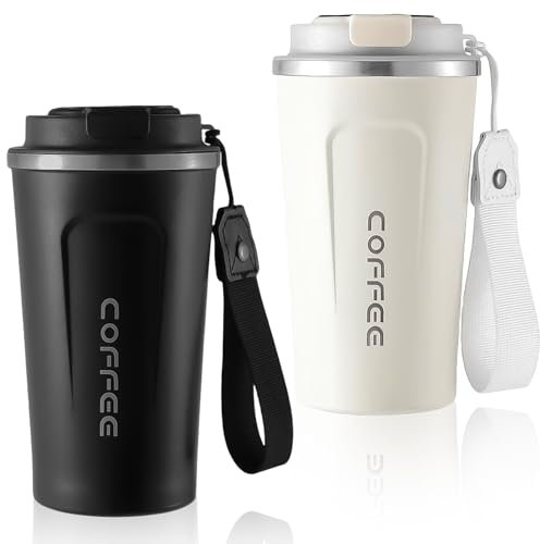 2 tazze da caffè to go, 510 ml, in acciaio inox, a prova di perdite, con coperchio, a doppia parete, isolate, per acqua, caffè e tè (bianco e nero)