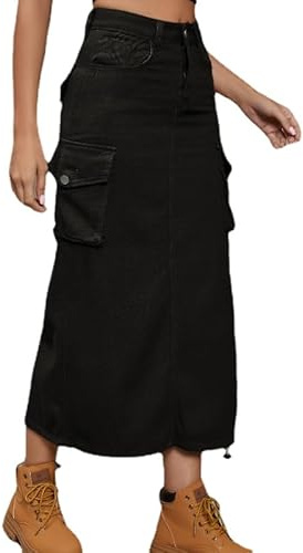 Falda maxi de estilo Y2K retro para mujer, falda cargo vintage con abertura y bolsillos, estilo indie Harajuku, falda larga de mezclilla, falda de cintura baja, Negro, XXL