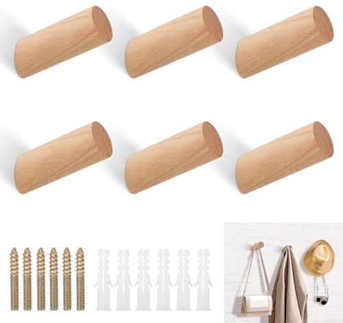 Nakutita 6 Stück Holz Kleiderhaken Natürliche Holz Wandhaken, Rund Holz Kleiderhaken Buche Haken 45° Haken Aufhänger für Mützen, Rucksack, Schals, Kleidung
