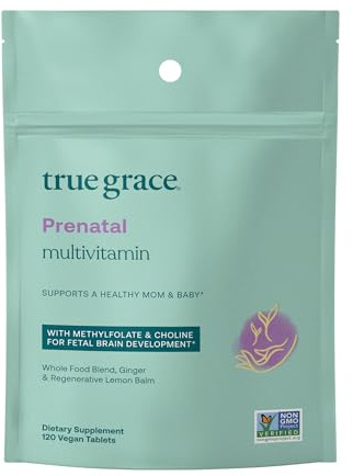 True Grace Prenatal Multivitamin Refill Pouch - 120 Vegan Tablets - Supports a Healthy Mom & Baby with Methylfolate & Choline for Fetal Brain Development - Gluten Free, Soy Free - 60 Servings