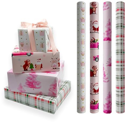 Rotoli di carta da regalo rosa, 4 rotoli da 43 cm * 3 metri di carta da regalo natalizia, adatti per Natale, compleanno, festa, matrimonio, baby shower, decorazioni regalo per festival