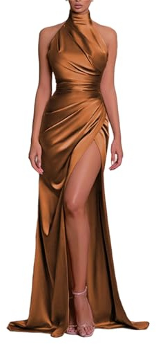 Plisserad satin brudtärna klänningar för kvinnor, grimma sjöjungfru brudtärna klänningar, satin brudtärna klänningar, Bränd orange, L
