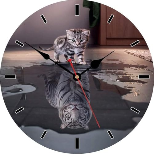 VIKMARI Wanduhr 30cm Groß-Küchenuhr Holz Geräuschlos Katze Tiger Modern | Robustes MDF,klare Zahlen&leises Sweep-Uhrwerk.Ein stylisches Katze Tiger Dekor für Kinderzimmer,Küche und Esszimmer.