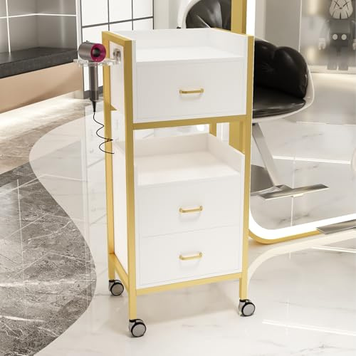 Rollwagen mit Schubladen Friseurwagen Kosmetikwagen Tattoo Wagen Friseur Wagen Rollwagen Trolley Aufbewahrungswagen(Gold)
