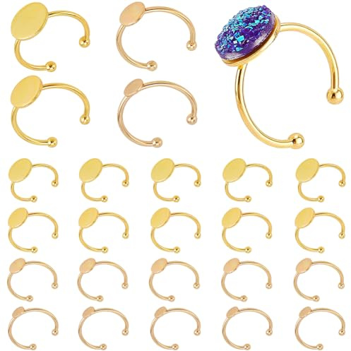 PH PandaHall 18K Gold plattiert Rohlinge 24pcs 4 Größen Einstellbare Ring Bases 304 Edelstahl flachen runden Ring Rohlinge Offene Manschette Lünette Tabletts für Ring-Schmuck machen, 6/8/10/12mm