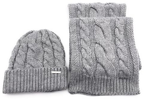 Michael Kors SET Schal&Mütze I Zopfmuster I Winterschal I Beanie I Wollschal I Wintermütze I One Size I Weiche Acrylwolle I Logo I Goldener Geschenkkarton I GRAU 9042