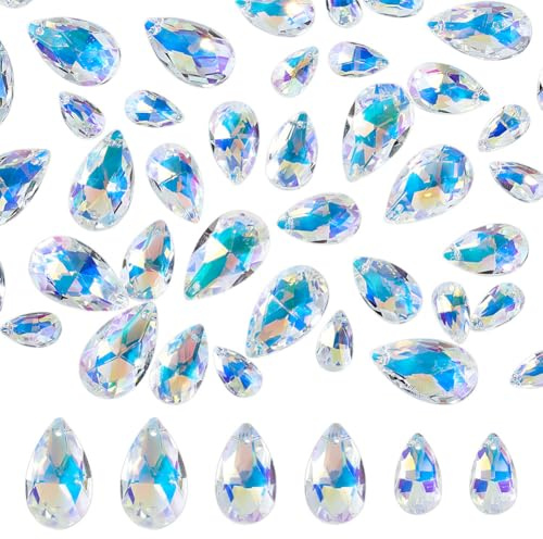 AHANDMAKER 60Pcs Faceted Teardrop Crystal Beads, 3 Sizes Clear Crystal AB Top Drilled Teardrop Glass Beads Chandelier Dangle Pendant, Water Drop Loose Beads for DIY Crafts Jewelry Making Home Decor