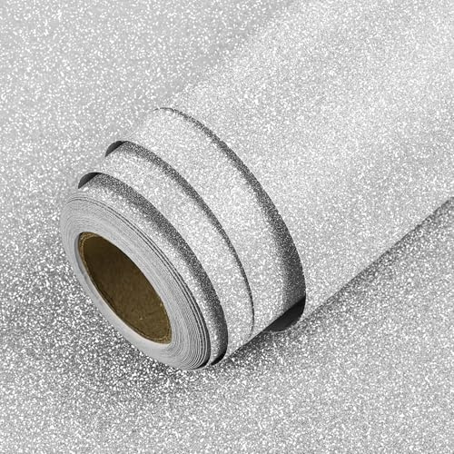 LACHEERY Pellicola Adesiva per Mobili Glitter Argento Carta Adesiva Armadio 40cm x 700cm Vinile Carta da Parati Glitterata Argento Adesivi per Mobili Decorativi per Cucina Porta DIY Brillantini