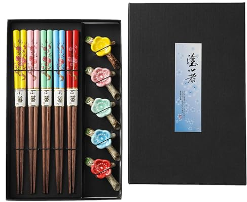 5 par ätpinnar trä med ätpinnar hyllor, kronblad sushi chopsticks, ätpinnar presentset, återanvändbara naturliga bambuätpinnar med 5 plommonblommor keramiska kuddar