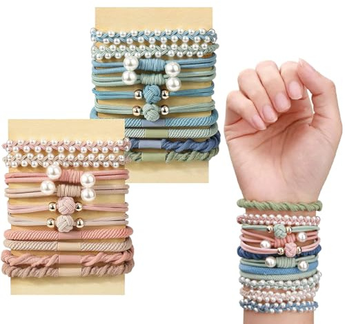 Bangbobi 20er-Pack Boho-Haargummis mit Perlen, elastischen Haargummis und Armbändern aus Nylon für Frauen und Mädchen mit dicken, dünnen, mittleren und Langen Haaren