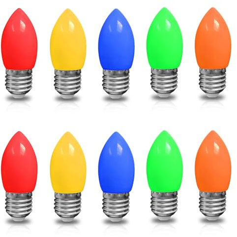 HUAMu Set mit 10 Farbigen LED Glühbirnen E27 3W, C37 Rot Gelb Grün Blau Orange, für Lichterkette, Party, Weihnachten Deko