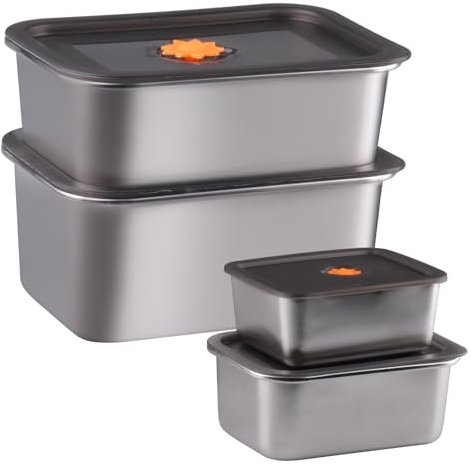 WakiHong Set di 4 contenitori in acciaio inox con coperchio in acciaio inox per alimenti, contenitori ermetici, per ristoranti, cucina, congelatore, buffet, 600 ml, 1600 ml, 2600 ml, 3600 ml, 3600 ml