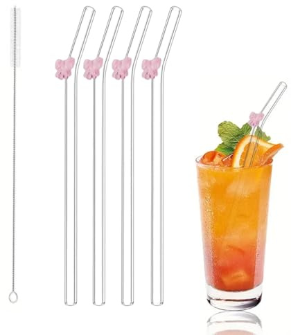 4 PCS Glass Straws Reusable,Glass Straws with Charms,Bent Straws with Cleaning Brushes,Clear Glass Straw with Bows,Butterfly Straws,Glass Butterfly Straws,Long Glass Straw,Glass Drinking Straws