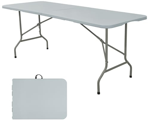 Folding Table 6 FT Camping Table Portable Plastic Rectangular Outdoor Dining Table Steel Legs Fold-in-Half with Carrying Handle for Indoor,Picnic,Party,Wedding,Events(Grey)
