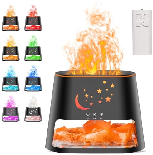 Fireplace Flame Diffuser & Himalayan Salt Lamp, 260ml Essential Oil Aromatherapy Humidifier, No Wick Needed, 3 Timer Settings 7-Color LED for Home/Office/Yoga(Black)