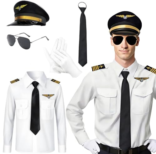 Boyigog Costume de pilote pour adulte - Chemise de pilote - Accessoire avec chapeau, lunettes de soleil - Cravate - Gants - Halloween - Carnaval - Cosplay - Capitaine - Tenue à thème - Taille XL
