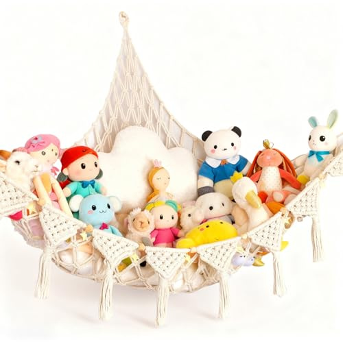 Lahnaokfis Kuscheltier Aufbewahrung Netz, Boho Stofftier Spielzeug Lagerung Hängende Tasche, Aufbewahrung Kuscheltiere Lagerung Netz Spielzeugaufbewahrung Kinderzimmer, Hängend Organizer Schlafzimmer