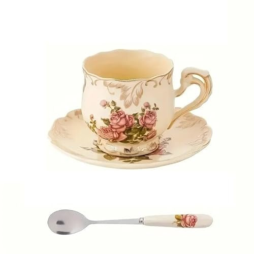 Tazzine da Caffè Piattini for tazze da caffè in porcellana con fiori in ceramica, tazze da tè in porcellana con rose dipinte a mano, piatti e cucchiaini for bevande(Beige)