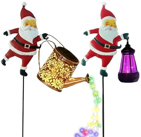 Lot De 2 Arrosoirs Solaires Et Lanternes De Noël, Guirlande Lumineuse Solaire Père Noël pour Jardin Extérieur, Décorations De Jardin Étanches, Arrosoir Vintage en Métal, Lampe Suspendue Étanc