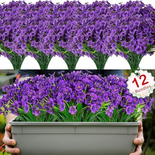 DabbOo 12 Lots de Fleurs Artificielles Fausse en Plastique Extérieures | Fausse Fleurs Balcon Fleurs de Balcon Résistantes aux UV Convient pour la Décoration de Balcon, Jardin, Extérieur (Violet)