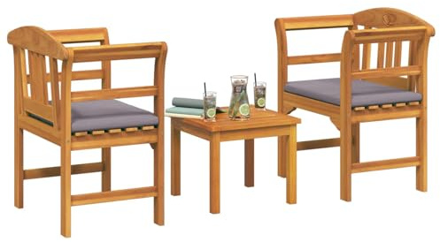 vidaXL Möbelset med kudde 3 pcs Naturfärg Massivt Akaciaträ, Akacia Möbelset, Väderbeständigt, Modernt Utseende, Trädgårdsensemble, Bekväma Stolar, Matbord för Uteplats