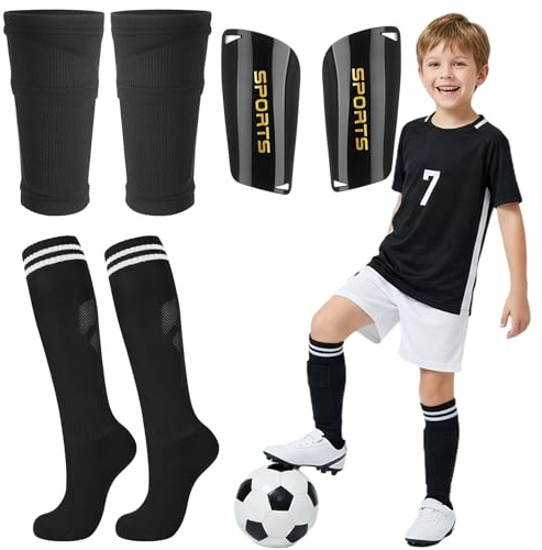 Zuimei 2 Pair Shin Pads Set with Kids Football Socks Shin Pad Boys Sleeves | Football Socks Knee High Breathable Kids Shin Pads Comfort Fit for Girls Boys Junior Soccer Training (7-12 Years)