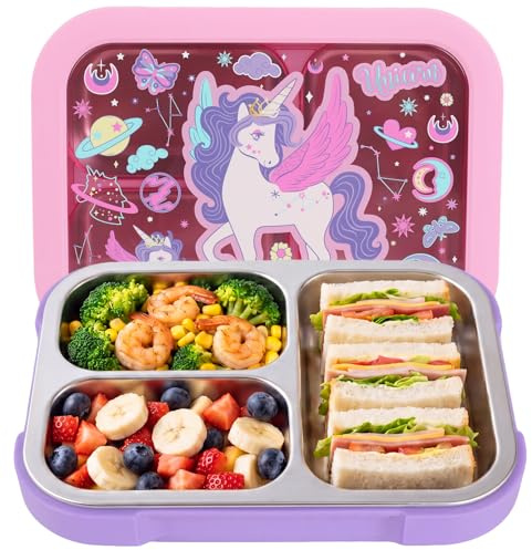 PinkSheep Stainless Steel Bento Lunch Box for Kids, 950ml BPA-Free Leak-Proof Children Food Containers with 3 Compartments, Back to School Students Daycare Lunches Snack Container (Unicorn)