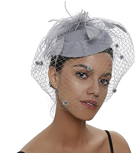Damen Fascinator Blumen Netz Vintage Kopfschmuck mit Haarclip & Nadel Elegantes Haarschmuck für Braut & Brautjungfer, Hochzeit, Kirche, Cocktailparty, Tee-Party und Derby (Grau)