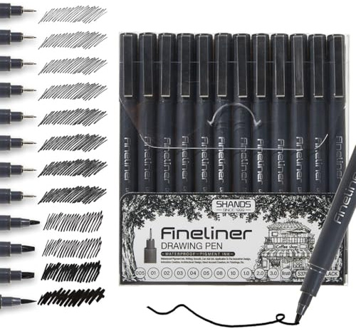 Fineliner svart set 12 stycken professionella ritpennor för kalligrafi pennor textning skissa tatueringspenna vattentät pigment liner filtpennor svart för konstnärer illustrationer skisser