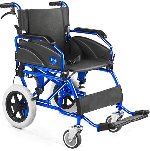 AIESI® Sedia a Rotelle pieghevole super-leggera da transito in alluminio con freno per disabili ed anziani AGILA TRANSIT, Doppio sistema di frenata, Cintura di sicurezza, Garanzia Italia 24 mesi