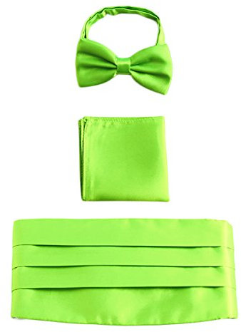 Herren Satin Kummerbund Fliege Einstecktuch 3 in 1 Set für Hochzeit Party Ball Banquet Smoking Gentleman - Einfarbig Fluoreszenz Grün