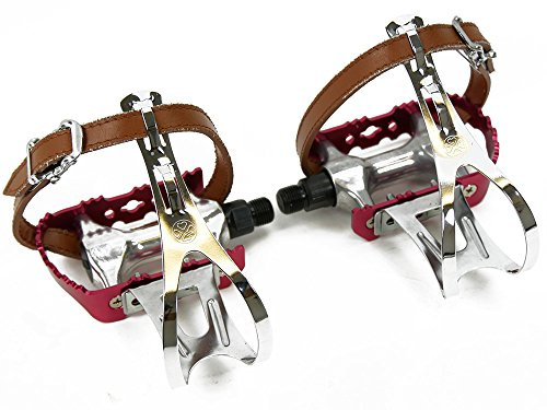 Rot Eloxierte Fahrrad Pedale mit Pedalhaken 9/16 Zoll Gewinde Pedalkäfig für SingleSpeed Fixy Retro Rennrad Bike Vintage - Edelstahl Haken mit einfachem Kunstlederriemen